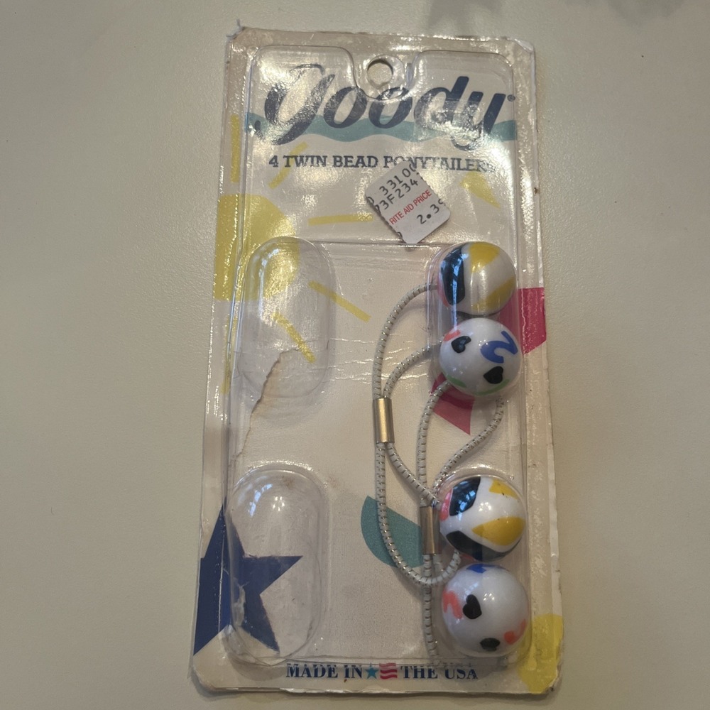 READ Vintage Goody 2 LARGE Twin Bead PONYTAIL HOLDERS USA #9693 White Blue Pink